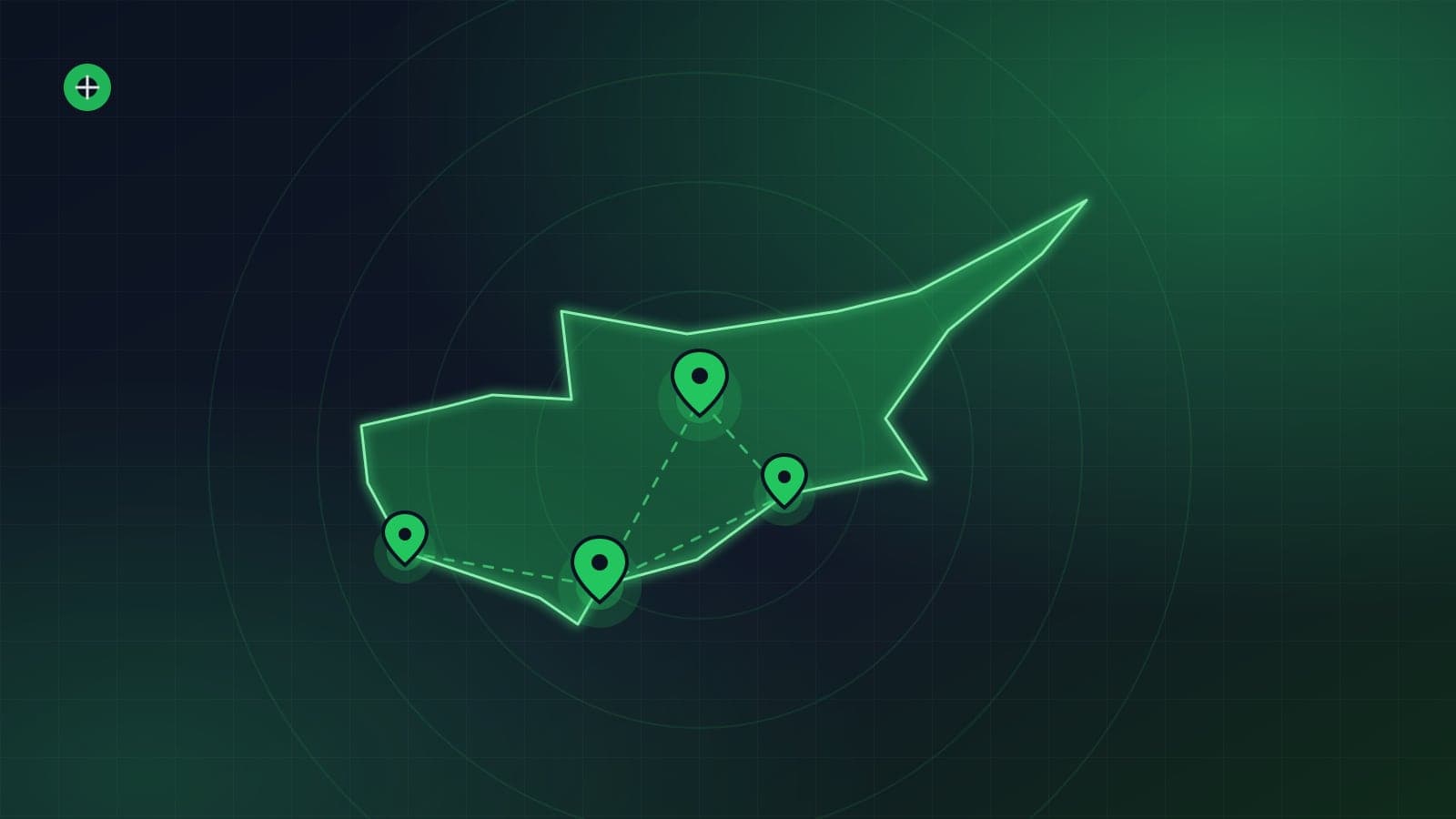Stylised outline of Cyprus with location markers on Limassol, Nicosia, Paphos and Larnaca